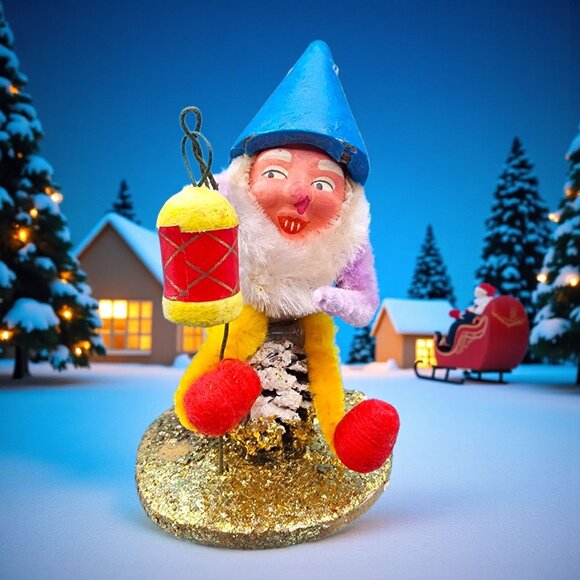 Vintage 1950s Putz Gnome Lantern Ornament Japan Elf Blue Hat Chenille Holiday - Picture 1 of 10